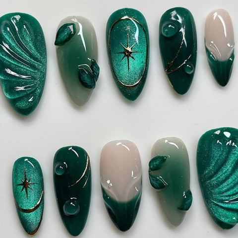 3D Green Leaf Cat Eye NailCarefully designed pure handmade press-on gel nails