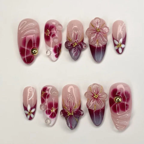 Pink Purple Five Petal Flower NailCarefully designed pure handmade press-on gel nails