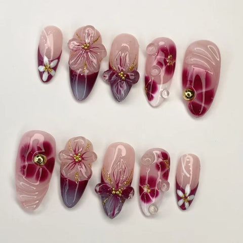 Pink Purple Five Petal Flower NailCarefully designed pure handmade press-on gel nails