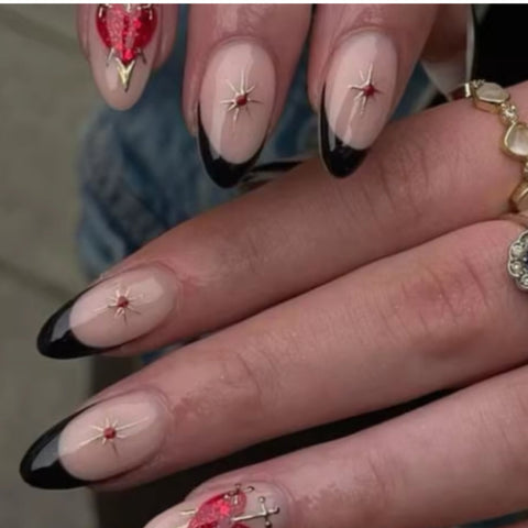 Black French Red Heart Almond NailCarefully designed pure handmade press-on gel nails