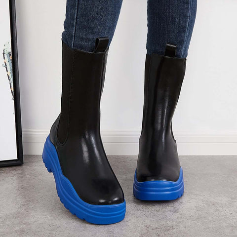 Platform Lug Sole Mid Calf Chelsea Boots Chunky Block Heel Booties