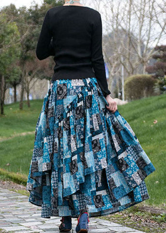DIY Blue Wrinkled Asymmetrical Print Patchwork Cotton Skirts Fall