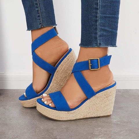 Criss Cross Ankle Strap Espadrille Wedge Platform Sandals