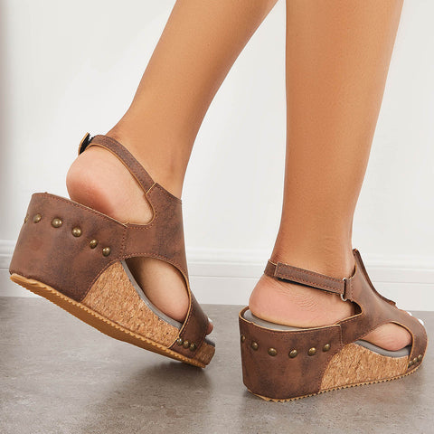 Cork Platform Wedges Slingback Ankle Buckle Strap Sandals