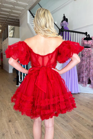 Cute A Line Off the Shoulder Black Tulle Corset Homecoming Dress