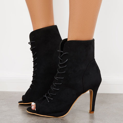 Peep Toe Stiletto High Heel Ankle Boots Lace Up Booties