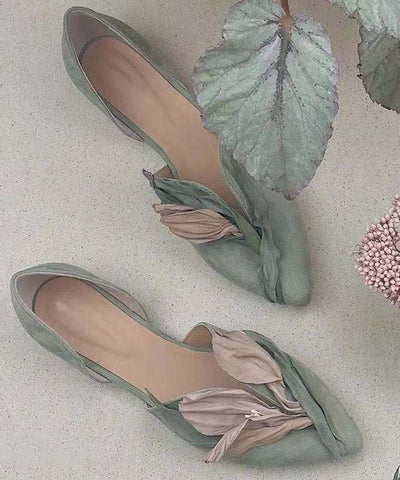 Handgemachte grüne Satins Blume Spitze Zehen flache Schuhe