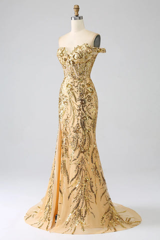 Sparkly Golden Off the Shoulder Mermaid Sequins Long Prom Dress with Slit