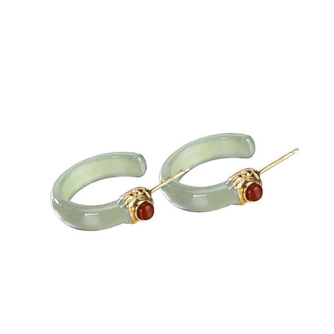 Women Retro Jade Inlaid Silver Earrings Studs