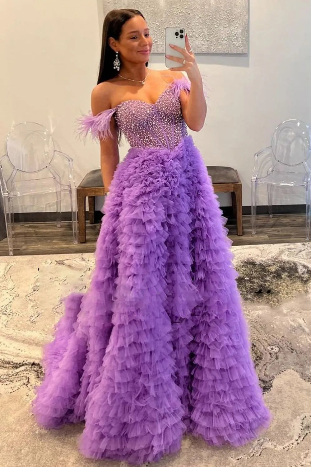 Purple Off the Shoulder Tulle Tiered A-Line Long Corset Prom Dress with Feather