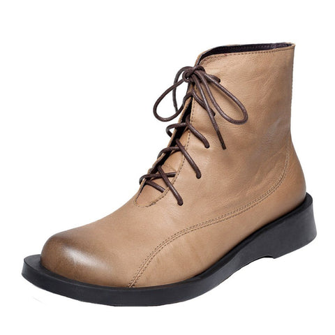 Cozy Leather Flats Lace Up British Style Boots