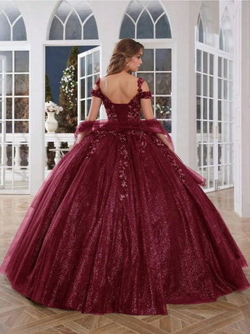 Off Shoulder 3d Rose Sparkly Embroidery Lace Quinceanera Dress