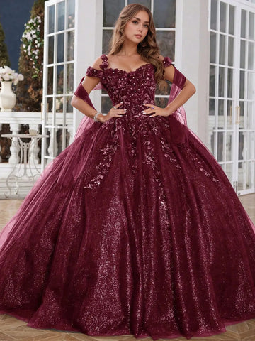 Off Shoulder 3d Rose Sparkly Embroidery Lace Quinceanera Dress
