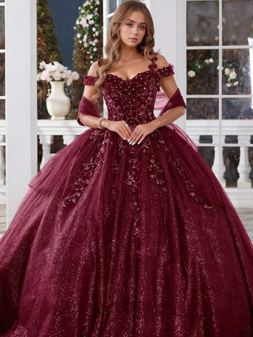 Off Shoulder 3d Rose Sparkly Embroidery Lace Quinceanera Dress