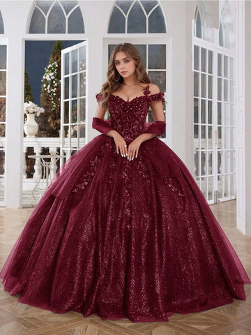 Off Shoulder 3d Rose Sparkly Embroidery Lace Quinceanera Dress