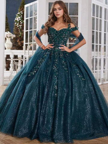 Off Shoulder 3d Rose Sparkly Embroidery Lace Quinceanera Dress