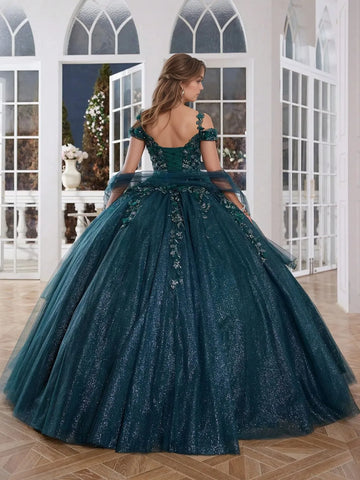 Off Shoulder 3d Rose Sparkly Embroidery Lace Quinceanera Dress
