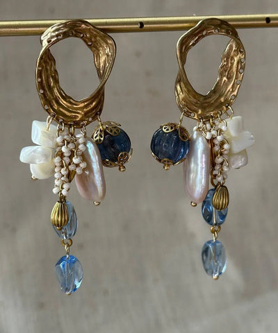 DIY Multicolor Copper Overgild Asymmetrical Beading Tassel Drop Earrings