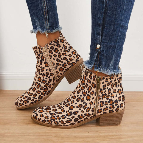 Chunky Block Heel Ankle Boots Side Zipper Booties