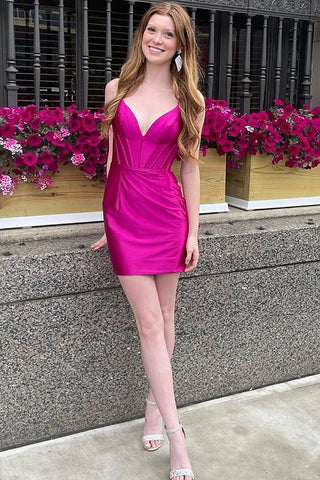 Bodycon Spaghetti Straps Fuchsia Corset Homecoming Dress