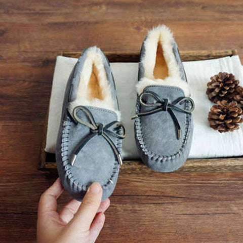Cozy Slip On Bow-Knot Thick Wool Pea Lazy Winter Shoes