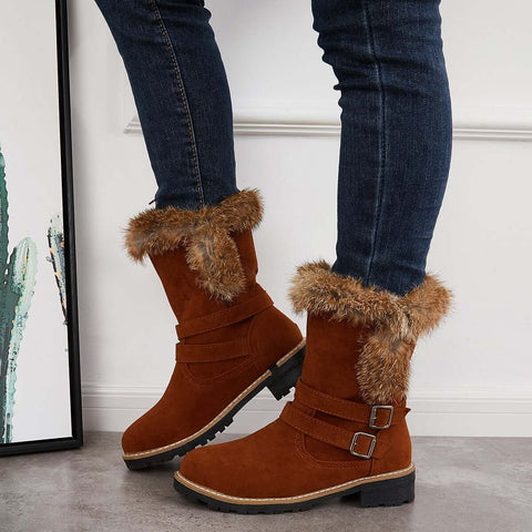 Warm Fur Mid Calf Snow Boots Block Heel Furry Winter Booties