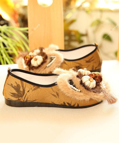 Braune flache Schuhe Baumwollstoff Neue Quaste Stickerei