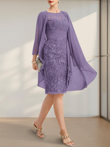 Sheath/Column Scoop Illusion Knee-Length Lace Chiffon Mother of the Bride Dress With Cascading Ruffles Sequins