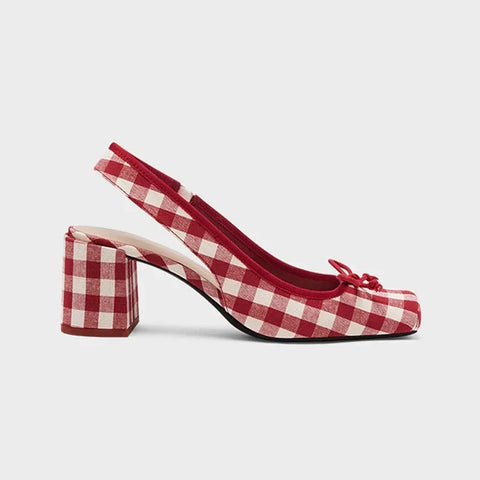 New DesignWomen Chunky Heeled Sandals Retro SquareToe Mary JanesPumpsSlingbacks Spring Summer High Heels  Plaid Shoes