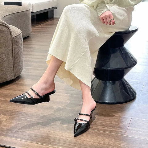 Half Slippers Women 2024 Summer New Outer Wear Fashion Solid Color pointed end Toe Thick Heel High-heeled Women's Shoes