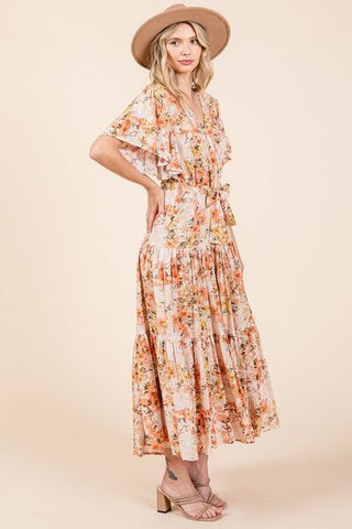 Floral Tie Waist Flutter Sleeve Tiered Summer Dress