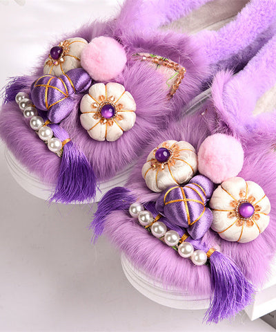 Lila Retro Handgefertigte Plateau-Ballerinas mit flauschiger Wolle im Spleiß-Design