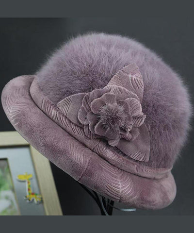 Stilvoller grauer Woll-Bucket-Hut mit Blumenmuster „The Rabbit“