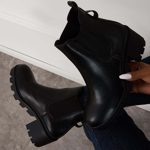 Faux Leather Chelsea Chunky Heel Ankle Boots Lug Sole Booties