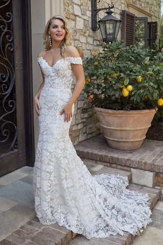 BMbridal Lace Appliques Wedding Dress Mermaid Off-the-Shoulder