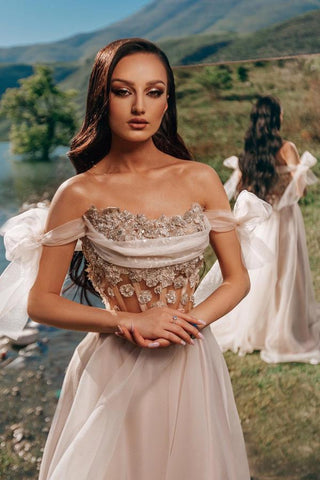Off-the-Shoulder Champagne Wedding Dress Tulle Long On Sale