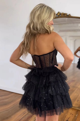 Pink Strapless Tulle A Line Tiered Corset Homecoming Dress with Sequins