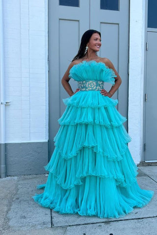 Trendy A-Linie trägerloses blaues langes Ballkleid mit Perlenbesatz