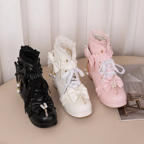 - Pink White Black Chunky Heel Lolita Shoes Butterfly-knot Pearls Lace Up Womens Cosplay Princess Cute Sweet Winter Ankle Boots 42