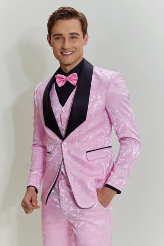 Pink Jacquard Satin Shawl Lapel 3 Piece Men's Prom Suits