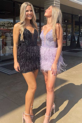 Lavender Lace Feather Short Homecoming Dress