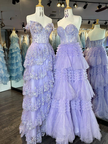 A-Line Sweetheart Tiered Long Tulle Prom Dress