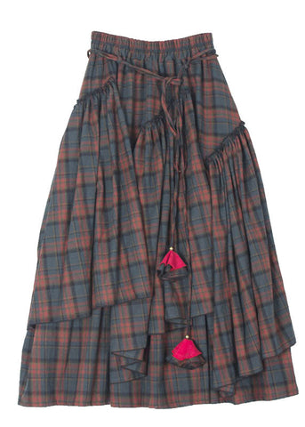 Vintage Blue Red Plaid Patchwork Wrinkled Tie Waist Maxi Skirts