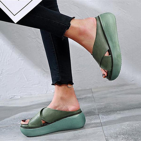 Red Platform Criss Cross Slides Slip on Slide Sandals