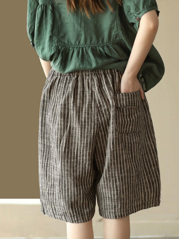 Women Summer Stripe Pocket Vintage Loose Linen Short Pants