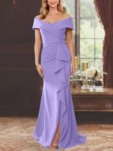 Sheath/Column Off-the-Shoulder Sleeveless Floor-Length Mother of the Bride Dresses With Ruffles