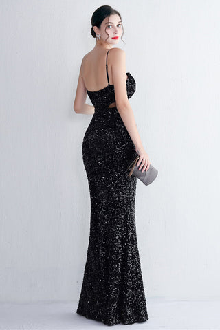 Mermaid Halter Black Sequins Long Prom Dress with Keyhole