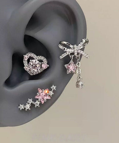Fine Silk Copper Alloy Zircon Bow Pentagram Drop Earrings
