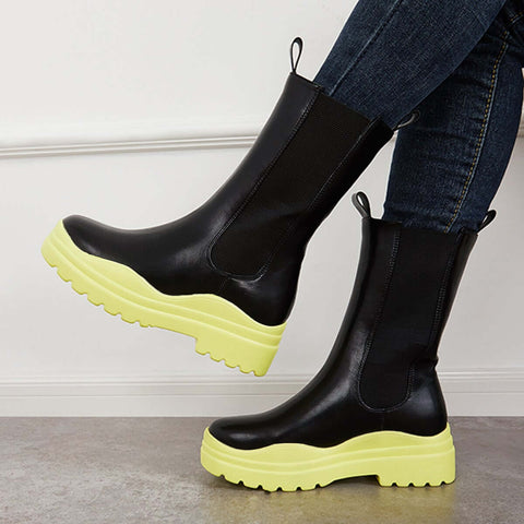 Platform Lug Sole Mid Calf Chelsea Boots Chunky Block Heel Booties