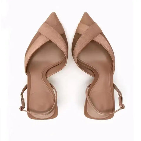 Fashion Thin Heels Sandals Women's Brown Cross 2024 Pointed Toe Shallow Office Low-heel Pumps Slingbacks Temperament Mule Shoes